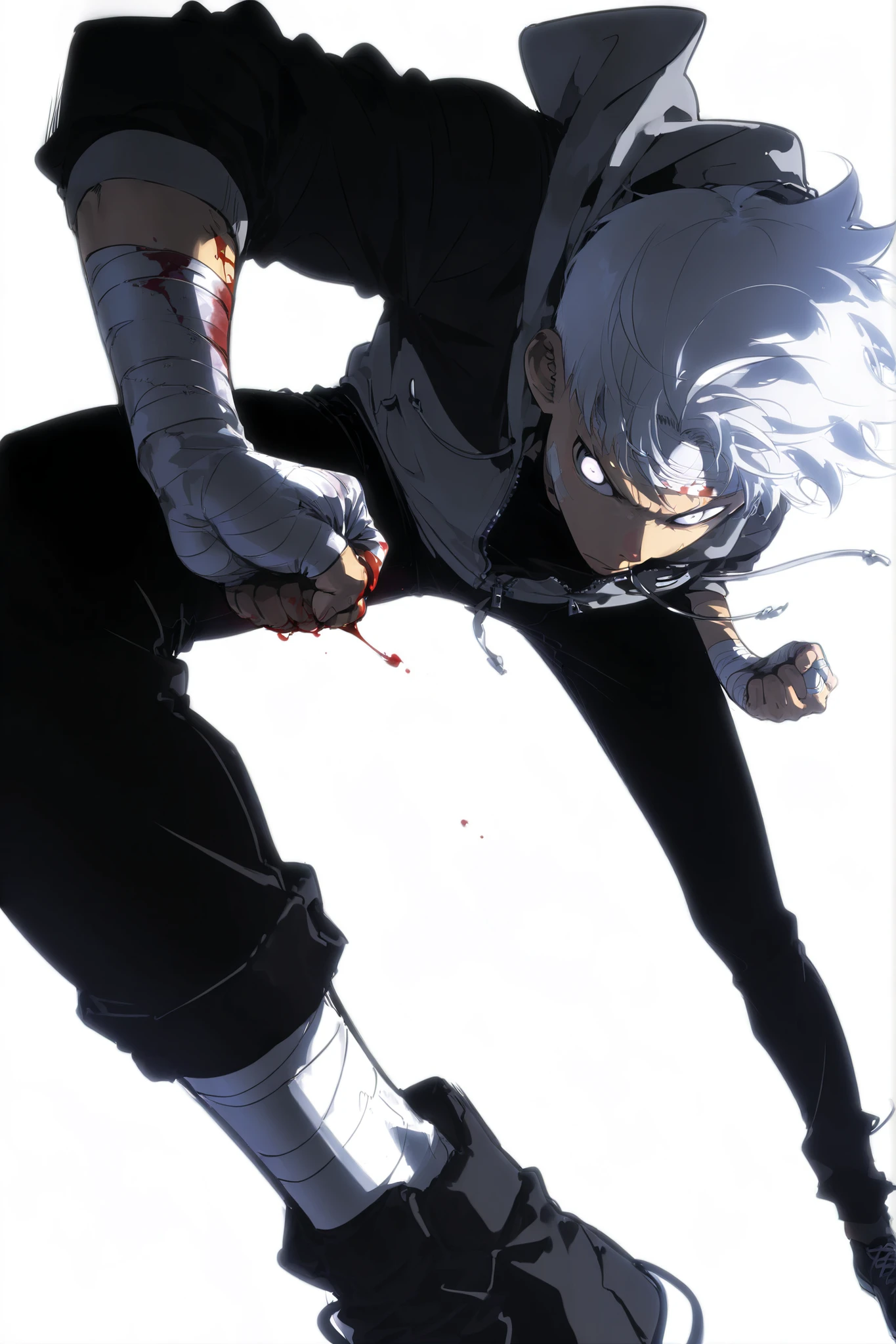Handsome, Athletic, alone, male, Short spicky hair, long white hair, black orange eye, black shirt, white orange and black unzipped hoodie with rolled up sleeves, black pants, , intricate sketch, expressive eyes nose and mouth, simple pose, clench fist, blood on his fists , perfect Anatomy , ripped, Wraps bandages on his fist , hand perspective , dutch angle, wraps bandage on his fist, white background