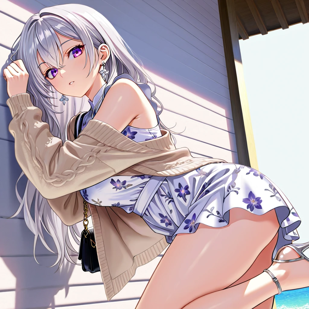 (satin、silk、White bra)、Realist, 1 girl, In white, Purple Eyes, Bright Eyes, Crop top, skirt, Chapped lips, blush, evening, Flores, sun, sunlight,