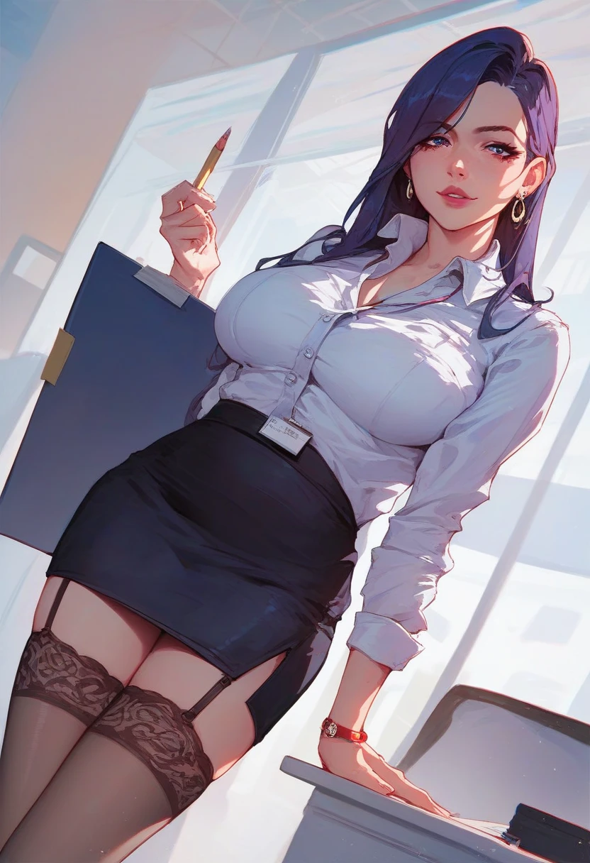 (Masterpiece, Best Quality, High Quality:1.4), professional artwork, Intricate Details, field of view, sharp focus, detailed painting, masterpiece, cinematic lighting, trending on pixiv, (vivid lighting, vibrant colors, by Nagasawa Rosetsu:1.05),
Hiroko Takashiro, (mature female, milf:1.1), solo, (curvy:1.1), sitting on an office desk with crossed legs, office, (full body shot:1.1),
(red hair:1.05), long hair, lipstick, makeup, ultra detail hair, ultra detail face, (purple eyes:1.05), perfect eyes, perfect face, earrings, (confused, blush:1.2),
shirt, jacket, (black thighhighs, garter belt:1.1), zettai ryouiki, pencil skirt, office uniform, highheels,
(Large Breasts:1.1), Cleavage, big ass, thighs,