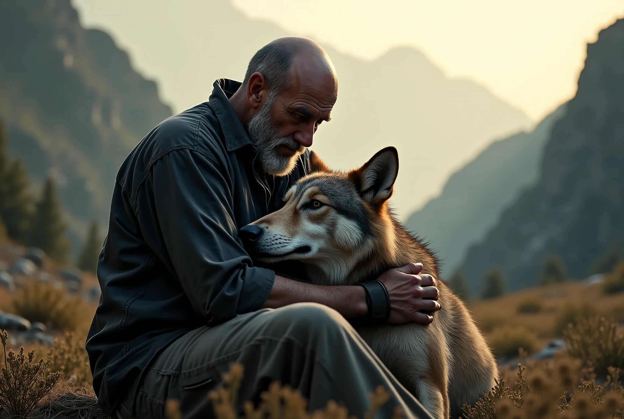 An intimidating wolf is being happily petted on the head by a man /(bald, 65yo, black short bearded, glasses, skinny)/, who is surprised that the wolf wants to be petted. The wolf is resting by putting it's head on the man's chest while the man lays down on the ground. The man wears a torn black shirt, dirty grey pants, barefoot. the photo is extremely detailed. The wolf's body is laying down on top of the man's legs. The background should be in rocky mountains. The wolf, man, and background should be 8k high quality photo realistic. There is only 1 black wolf and 1 man in the photo. professional photograph. sun rays illuminate the face of man creating a gloomy sense of mystical story.. Haze, fog, smoke. Blurred foreground, blurred background. low angle view. bottom view.