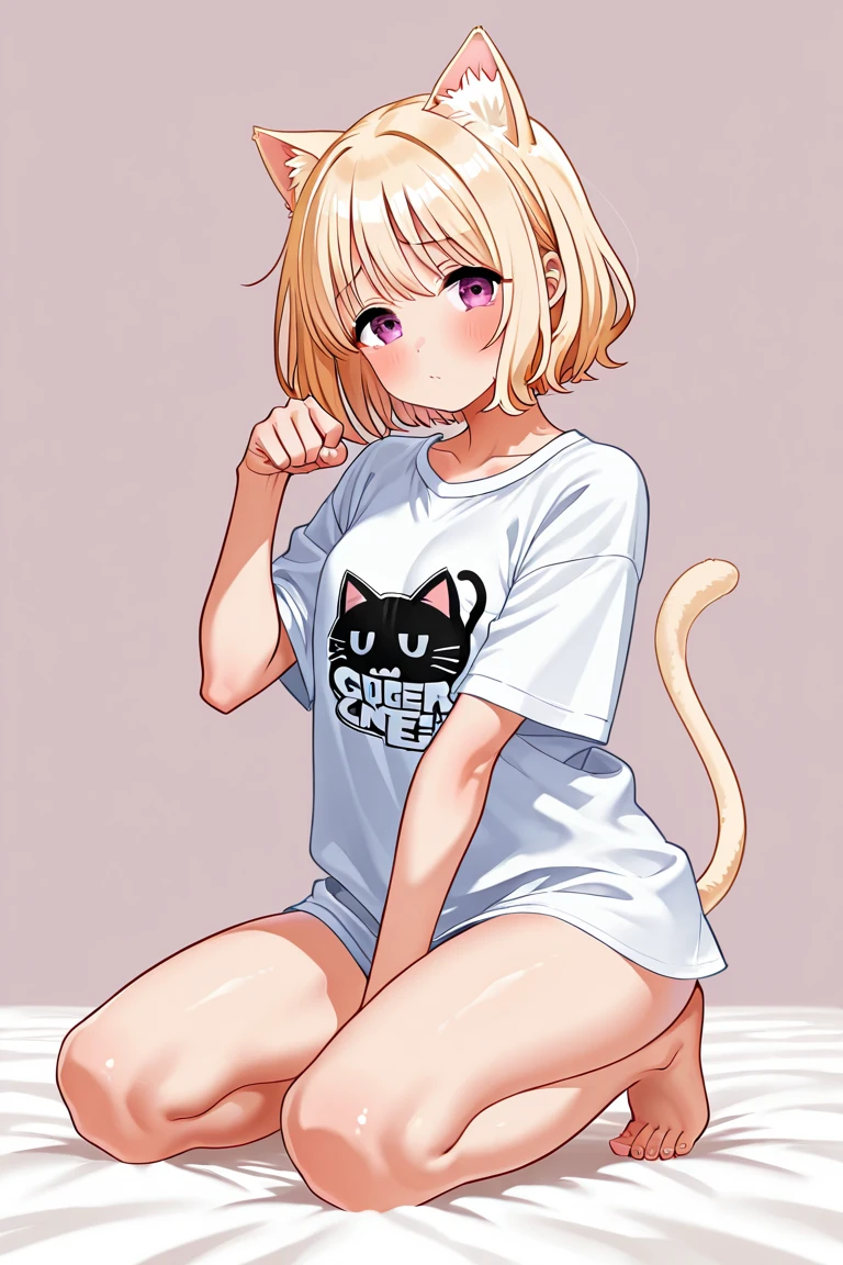 <lora:Torudaya_style-15:1>Torudaya style, Bedroom background, girl, blonde, shorter hair, beautiful face, medium large breasts, underwear, shirt, shortlift, cat lingeries, thighigh, on bed, smiling, blushing, happy, yoga on bed, yoga training, extremely delicate and beautifully drawn, beautiful, depth of field, realistic shadows,