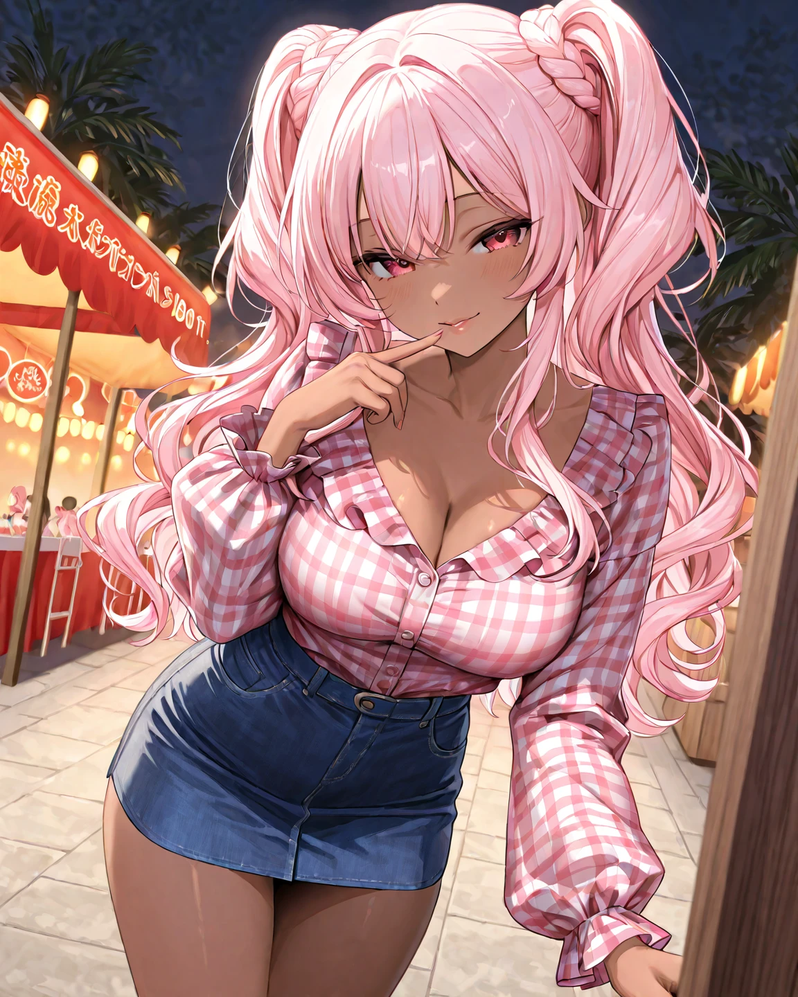 a girl and a boy, one boy one girl, long twin tails, sensual, big lips, pink hair, pink eyes, japanese face, gyaru, huge breasts, wide hips, sexy, pink theme, kawaii, detailed, decora, bangs, grin, gyaru outfit, kawaii, pink and black outfit, sensual face, creative goth outfit, plaid, horns, purple clothes, egirl, huge breasts, sexy, perfect, wearing a plaid skirt, panties, twin tails, small succubus wings, outside, sparkles, next to a submissive boy, massive ass
