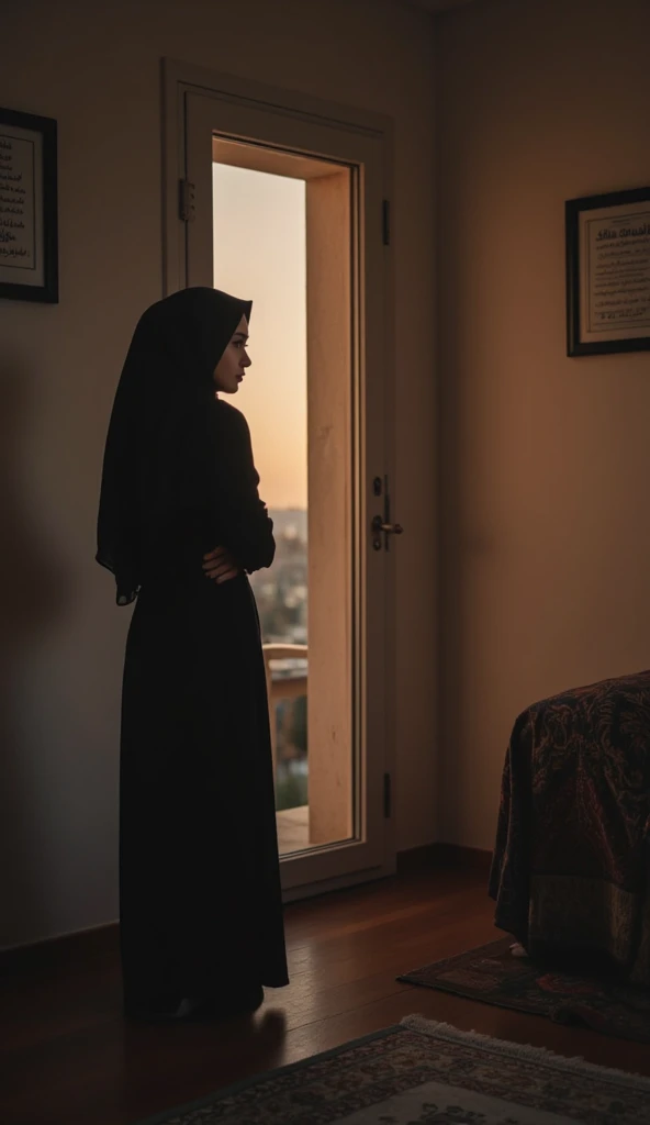 A back side of aesthetic niqabi woman standing thoughtfully near a window, with soft light filtering through...