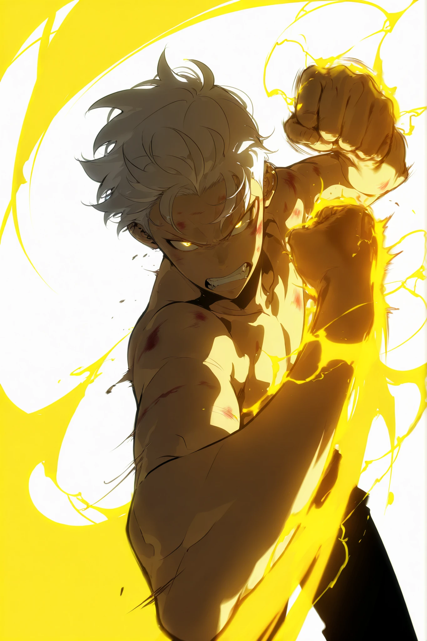handsome, athletic, single, male, short spiky hair, long white hair, black yellow eye, no shirt, black pants, , complex sketch, expressive eyes, nose and mouth, perforation, bruised and bloody, Gritting teeth , angry, Orange electricity, Athletic body, Slightly venous , ripped body, punching position, punching viewer , motion line, perspective, dutch angle, white background