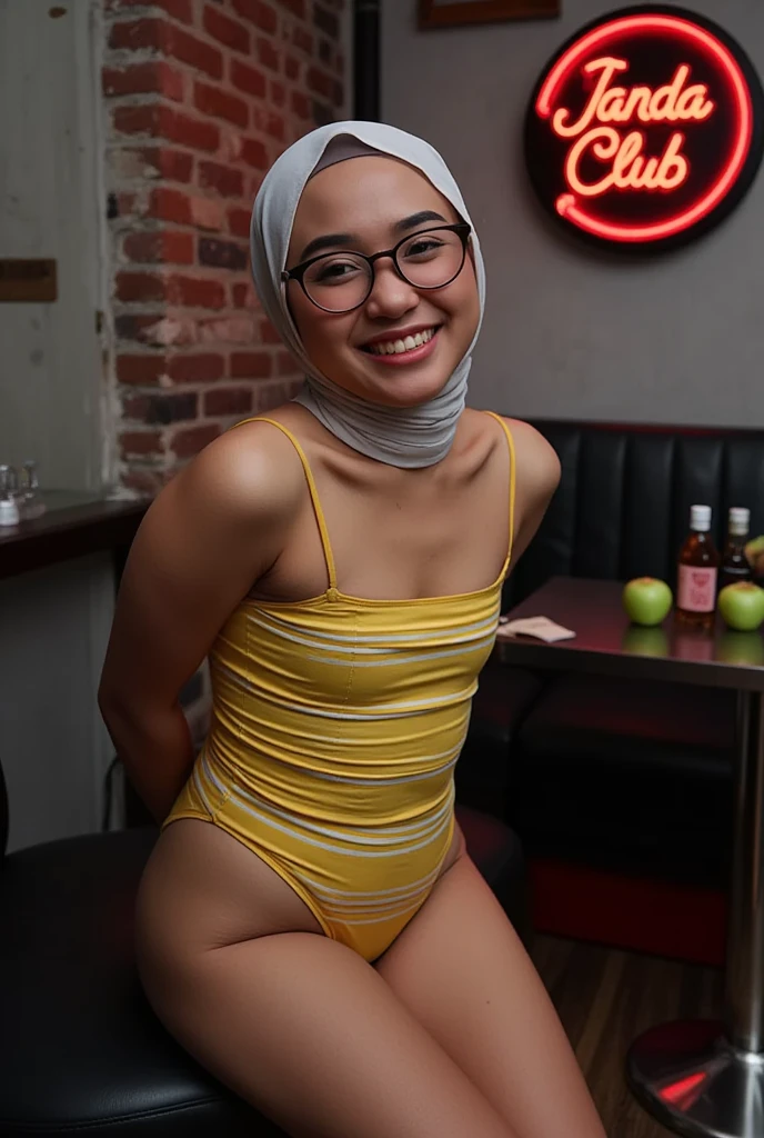 cute Malay girl with hijab seating in hipster cafe, happy, smiling, nighttime, wearing turquoise Floral Ruched Bust Slip Romper, pink sneakers, soft professional lighting, blur background, cool ambient, bokeh, small breast, small waist, small head, short petite body, wide hips, thick thighs, thick leg,