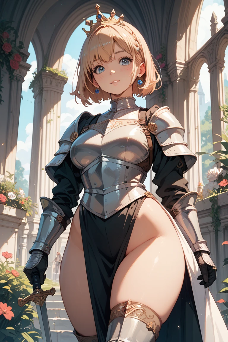 ((highest quality)), ((masterpiece)), ((hyperrealistic)), (detailed background), anime style, solo, 1girl, ((curvy: 1.2)), kawaii, ((armor dress: 1.3)), Blonde short hair, ahoge, (white paladin armor), ((leotard bodysuit)), ((large breasts)), ((arm guard gauntlet)), (half cup breastplate), belt waist armor, ((zettai ryouiki knee socks boots)), (big butt), (cleavage cutout), (Groin), (thighs), perfect cloak, beautiful aqua eyes, perfect face, Perfect hands, perfect fingers, Blue sky and grassland,