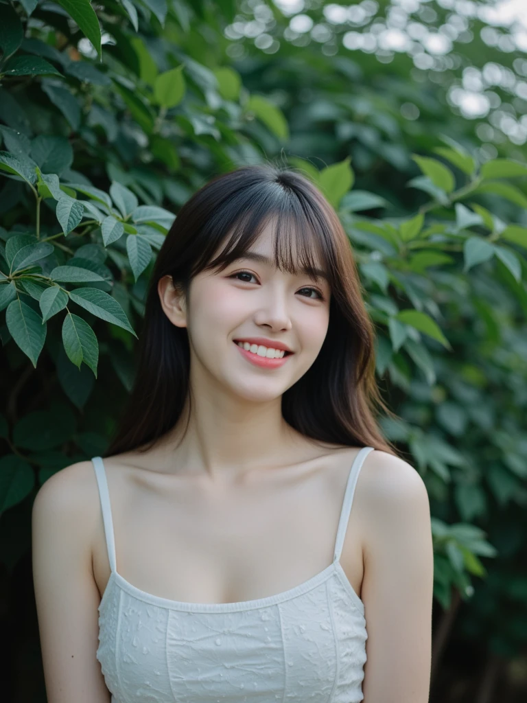 8K,top-quality、Photoreal Stik、1womanl, Face Focus, Adults, Cute and sexy face, a smile, A detailed face, Park background, 细致背景, diffuse sunlight, depth of fields, bokeh dof