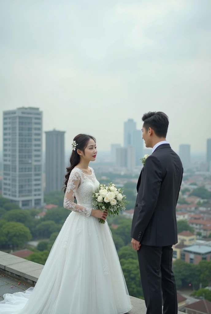 professional wedding photography, (Masterpiece), (intriciate detail), (photorealestic:1.3), (film grain:1.3), (perfect anatomia:1.3), break, Singapore, Gardens by the Bay, break, a romantic photoshoot of a handsome man and cute woman couple, wearing elegant outfits