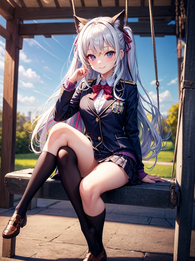 a beauty girl,girl with,A smile,Cute Uniform,Ribbon on uniform、top-quality,masterpiece,Colossal tits,超A high resolution,multicolored hair,Excellent style,Perfect facial features,valley,a beauty girl,modeled,girl,masterpiece,Loose socks,