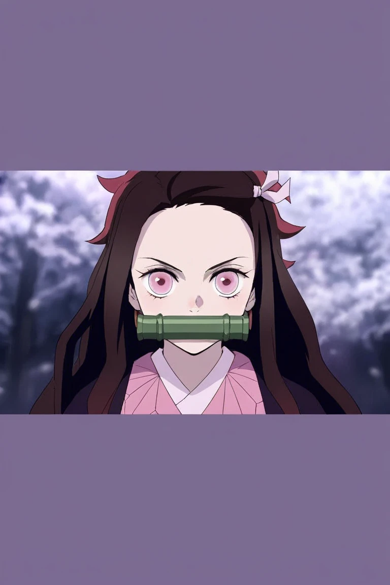 kamado nezuko, kimetsu no yaiba style, 1girl, black hair, forehead, hair ribbon, japanese clothes, kimono, long hair, multicolored hair, pink eyes, pink kimono, pink ribbon, ribbon, very long hair, gagged, bit gag, ((masterpiece)) <lora:kamado_nezuko_offset:1> <lora:kimetsu_no_yaiba_style_offset:1>