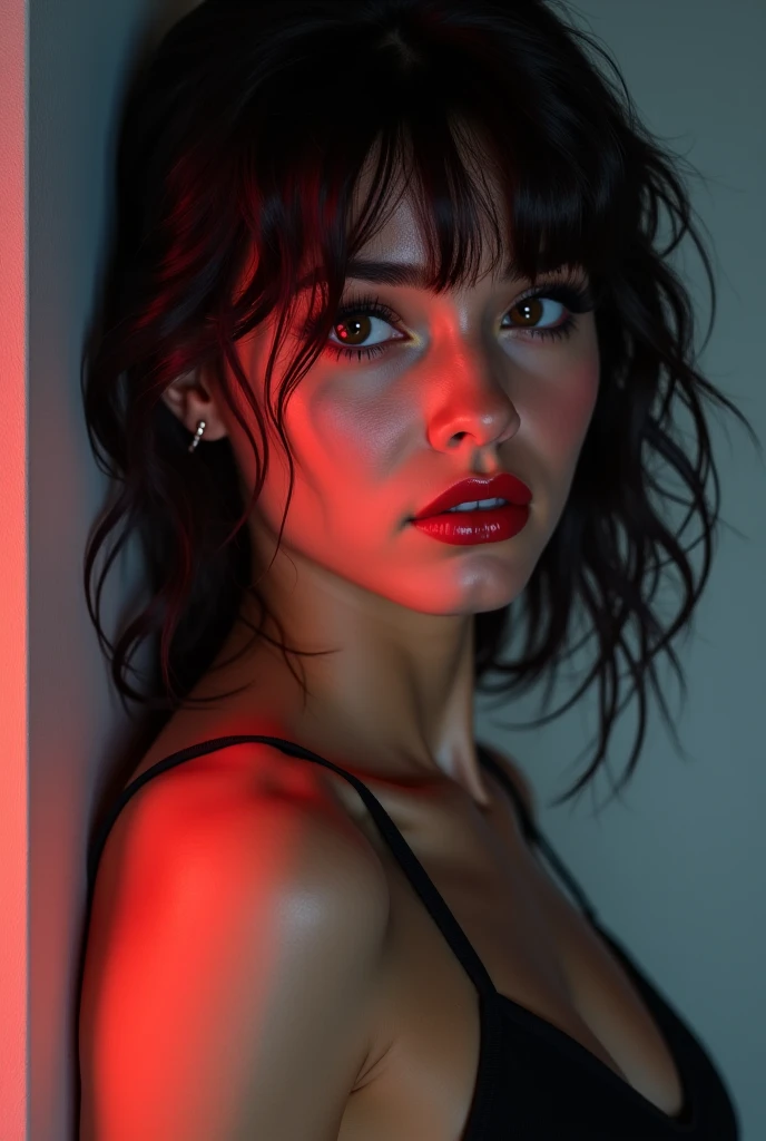 vivid colors, portraits,1girl, (mature) (Short hair: 2.0), beautiful detailed eyes, beautiful detailed lips, extremely detailed eyes and face, long eyelashes, curvy body, big breasts, perfect shape, facing viewer, sweaty, gorgeous, ((arms up)), sleeveless bodysuit, smiling,