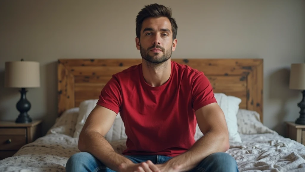 A man with a medium skin tone and a beard, wearing a red shirt, sits on a beige couch, looking pensive while holding his phone. A woman with a light skin tone, wearing a white top and black pants, sits on the other side of the couch, looking away with a thoughtful expression. The background features a white brick wall and a blue carpet, with sunlight casting shadows across the scene