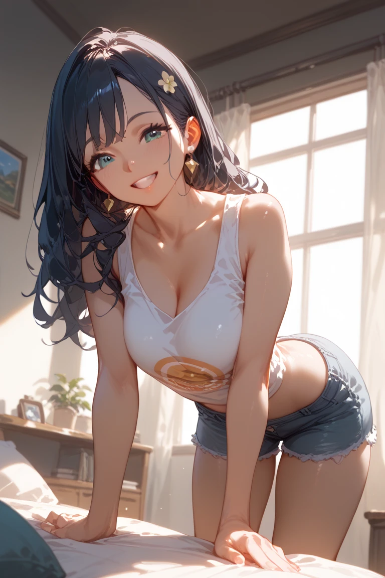 1girl, solo, beautiful girl, brunette skin, purple eyes, detailed anime style, perfect anatomy, perfect hands, narrow waist, large breasts, long hair, brown hair, high ponytail, asymmetrical bangs, blue eyes, detailed eyes, blush, emerald earrings, white shirt, shirt lift, pink panties, cleavage, navel, midriff, bare arms, bare shoulders, smile, standing, perfect hands, arm up, indoors, bed, desk, bedroom, night, night time, dim light, window, stuffed animals, high quality, dark background, lights off, leaning forward, daring pose, naughty face,