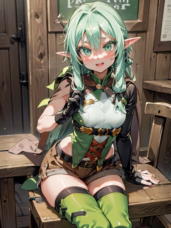 (obra de arte), melhor qualidade, 4k, high resolution, 1 garota, duende, Orelhas pontudas, cabelo verde, Cabelo longo, olhos verdes, arco de cabelo, Roupas rasgadas, mostrando breats, showing bichano, NSFW, pose sexy, rosto sexy, corar (bochecha rosa), erotismo, Capa marrom, ripped green pantyhose, medium breasts, cowboy squente, pose sexy, sedutor, erotismo, quente, sexy, corpo sexy, textura natural da pele, bichano, pretty bichano, molhado.