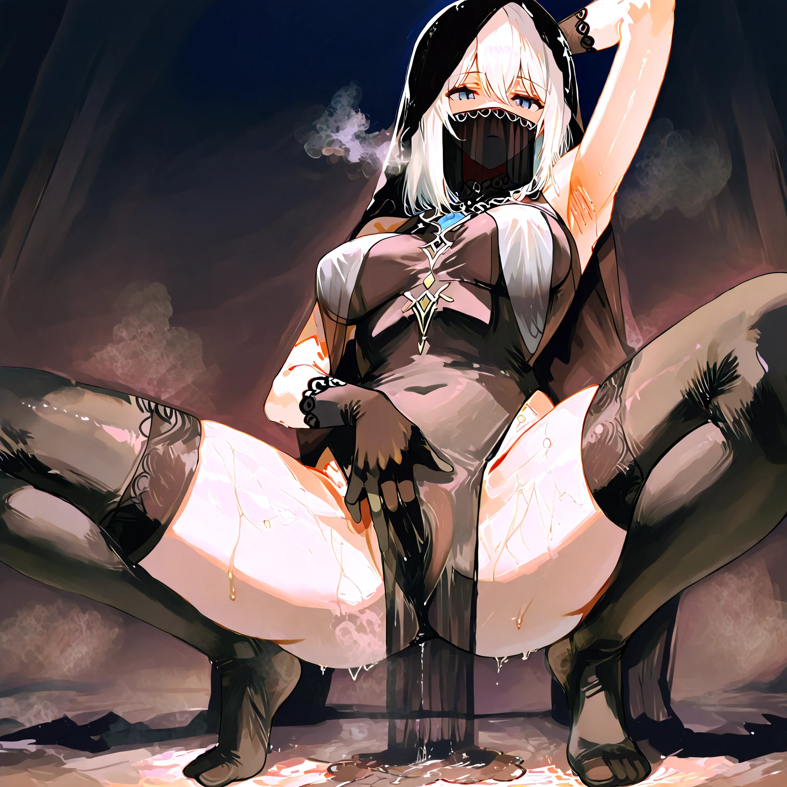 masterpiece, extra limbs, 1zombie lady, 25 years old, ((white:1.5 long high ponytail, white:1.5 pubic hair)), (((droopy eyes blank black eyes))), (((out of focus:1.5))),medium pointy breasts black nipples,large dark areolae, muscle, (((grey skin color:1.5))),(((afterglow open mouth saliva))),((spread pussy uterus urethra pussy juice)),(((cum in mouth,cum facial,cum in pussy,cum on body,excessive cum:2.0))),serious, spread legs ,llie on own back,(((clothed dark black knight armor cape))), cemetery,midnight