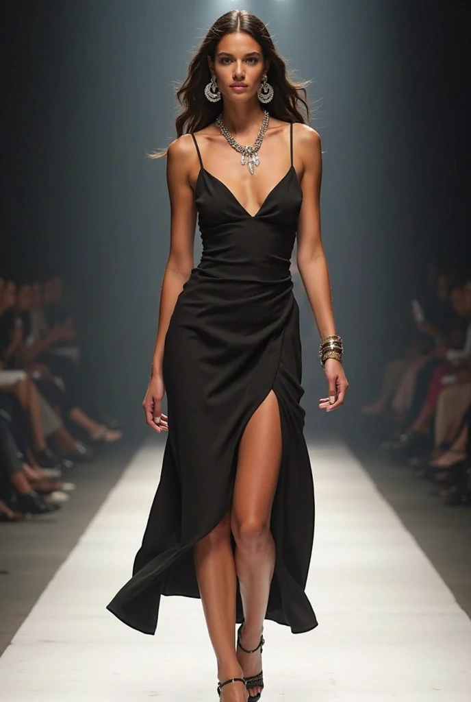 ((best quality)), ((masterpiece)), (detailed), perfect face realistic photo of beautiful woman with long dark brown hair, Russian, influencer, light freckles, dark brown eyes, big lips, no makeup, insagram, in a beach standing next to black wall, wearing sexy new years eve ball gown