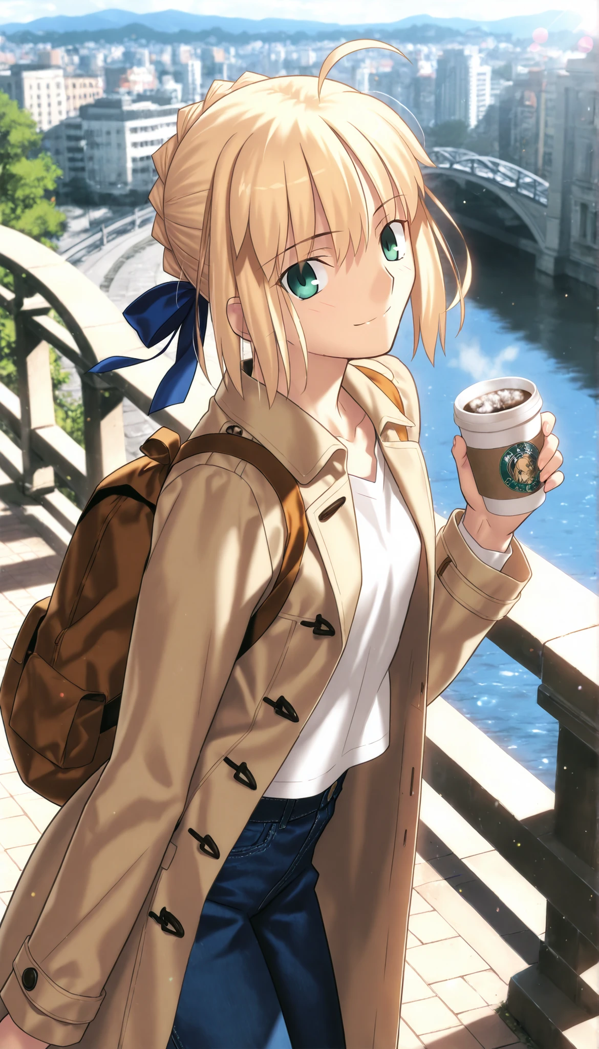 masterpiece, , absurdres, highres, detailed background, high resolution, masterpiece, necessary, detail, best quality, quality, necessary, details, High details, Precise, 8k outdoors, (bridge, city, colorful light particles, powder light,), day lens flare, blurry background,(from above, from side),
1girl, Takeuchi Takashi (type-moon,tsukihime) style, takeuchi takashi style, (aged up),(rucksack, ),(astonished), closed mouth,(head tilt),
girl, (slender body, slim arms, slim bod),girl, artoria pendragon, saber (fate) ,blonde hair ,green eyes, ,ahige ,hair ribbon ,blue ribbon ,short hair ,sidelocks ,frenched braid, (open Wool coat, denim,), (small breasts),(looking at viewer), ,very light smile, drinking coffee , leaning forward ,