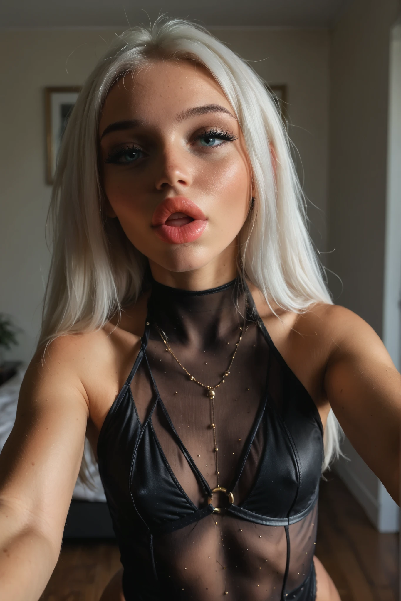 Ester Exposito sexy, with blonde hair, She is wearing a dark BLACK bikini sweatshirt. she has giant breasts