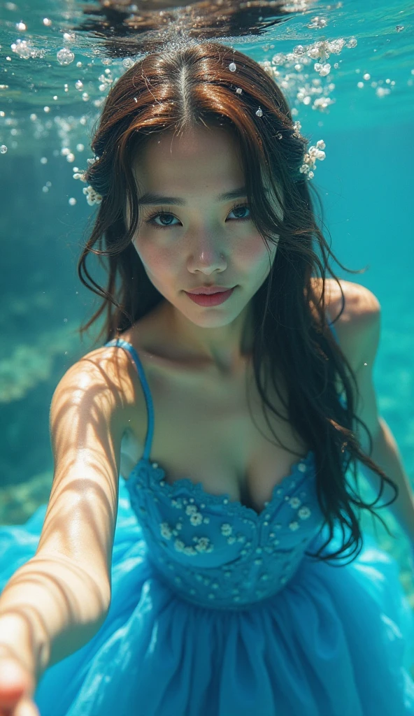(masterpiece,best quality:1.4),(8k,raw photo,photo realistic:1.2),shiny skin,detailed skin,detailed face,detailed eyes,Detailed hands,Detailed Background、1girl,Japanese idol,(beautiful face),(Shining Eyes:1.1),、smile、Symmetrical eyes、、Great background、Great location、((Sexy Costumes))、Upper Body、(Detailed cute face mermaid,Live-action adaptation,The Little Mermaid,)、coral,Small tropical fish,In the water,swim,Full body portrait,Ocean,mysterious,Charming,nswf