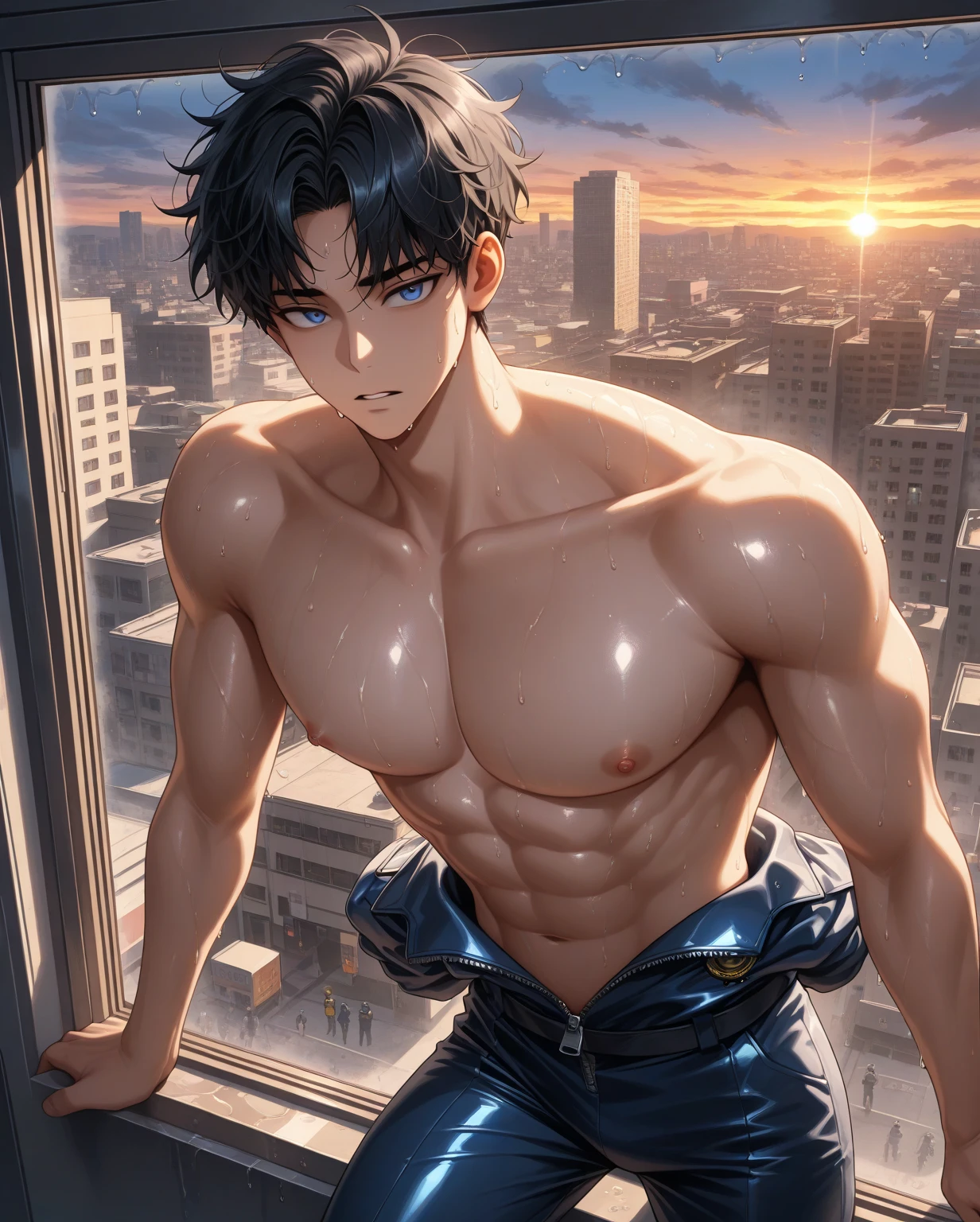 (masterpiece, Best Quality),The whole body of boy,(younge boy),teenager face,Body tilt,delicate big eyes,Open your eyes,,smooth and delicate skin,Short square face,Surprised expression,infancy,young age,short round face,Flat chin,finely detaild face,well-muscled,short bright black hair,with an intricate,nakeness,(backbone:1.2),the night,vivd colour,(depth of fields:1.2),Raised sexy, bed room, youthful, imminent sex, black thong, Femboy thigh high socks, shirtless, blushing, nervous, intimate lighting, night, quiet night cityscape in window, slutty, seedy hotel, neon lights in window, very small mini skirt, very mini skirt, underwear showing