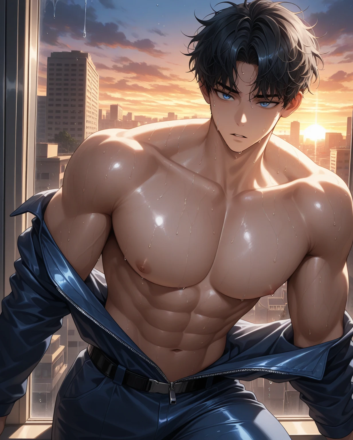 shirtless, super muscular, dripping with sweat, 22-year old short black hair handsome caucasian male wearing tattered jeans and sneakers, hands at the back of the head showing underarms, shirtless in the street