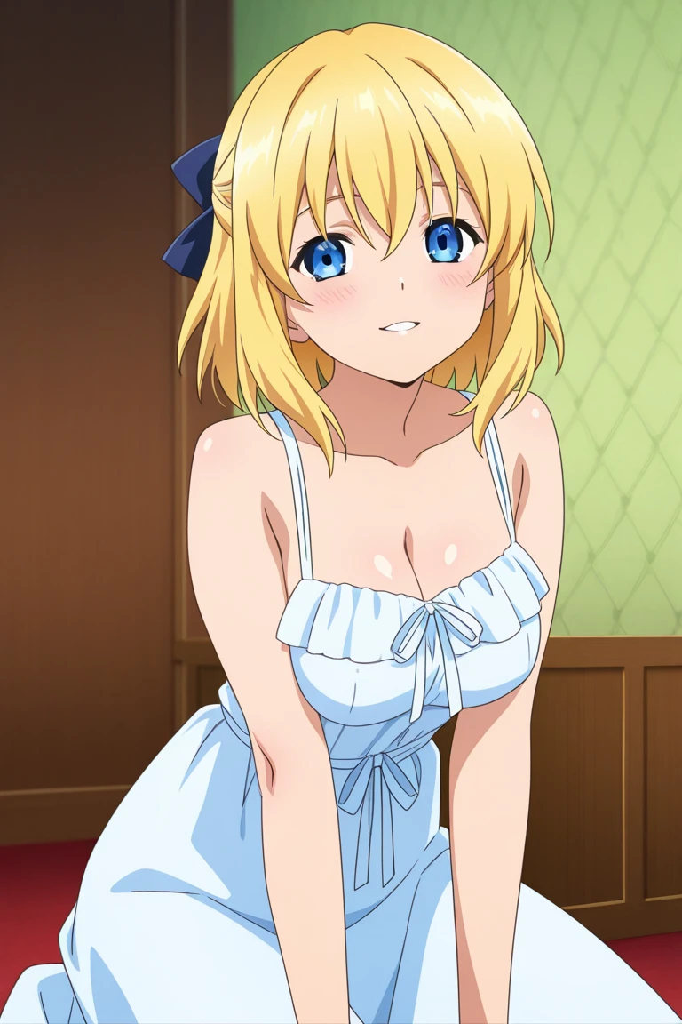 best quality, (masterpiece:1.2), detailed,
Rumia Tingel,
1girl, solo, ((blush)),
medium hair, blonde hair, short ponytail, blue eyes, green bow, x hair ornament,
((( blue eyes, ultra-detailed eyes))), ((blush)), medium breasts, medium hair, perfect anatomy, healthy skin, glowing eyes, cat ears. Midriff,( bra,panties), sleeveless