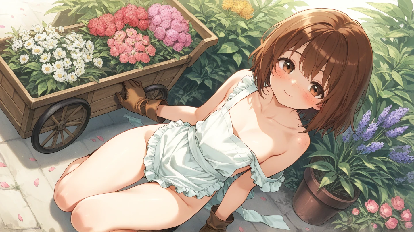 A cute girl, nude, naked, no clothes, background is wall with hanging some plants, anime, painting style image, brown short hair, cartoon style pic, black eyes, full body image
