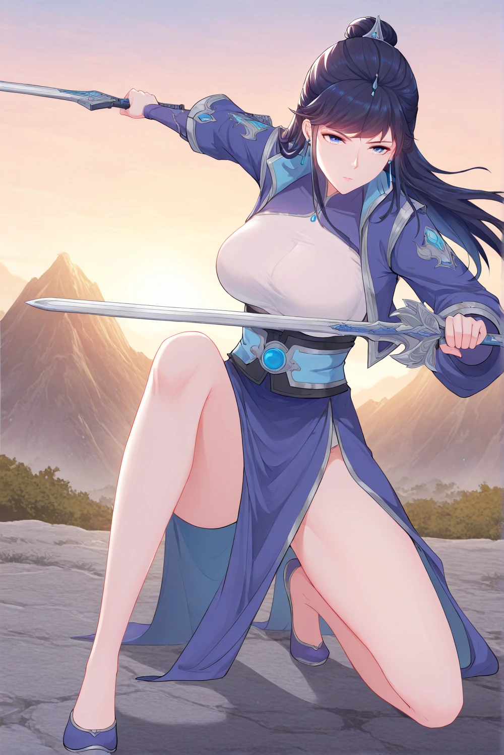  yunxianchen, woman, 1girl, primary outfit, large breasts, masterpiece, best quality, amazing quality, detailed background, ultra detailed, best illustration, very detailed eyes, very detailed face, full body,  holding, jewelry, weapon, earrings, sword, hair bun, holding weapon, mountain, bare thighs, fighting stance,