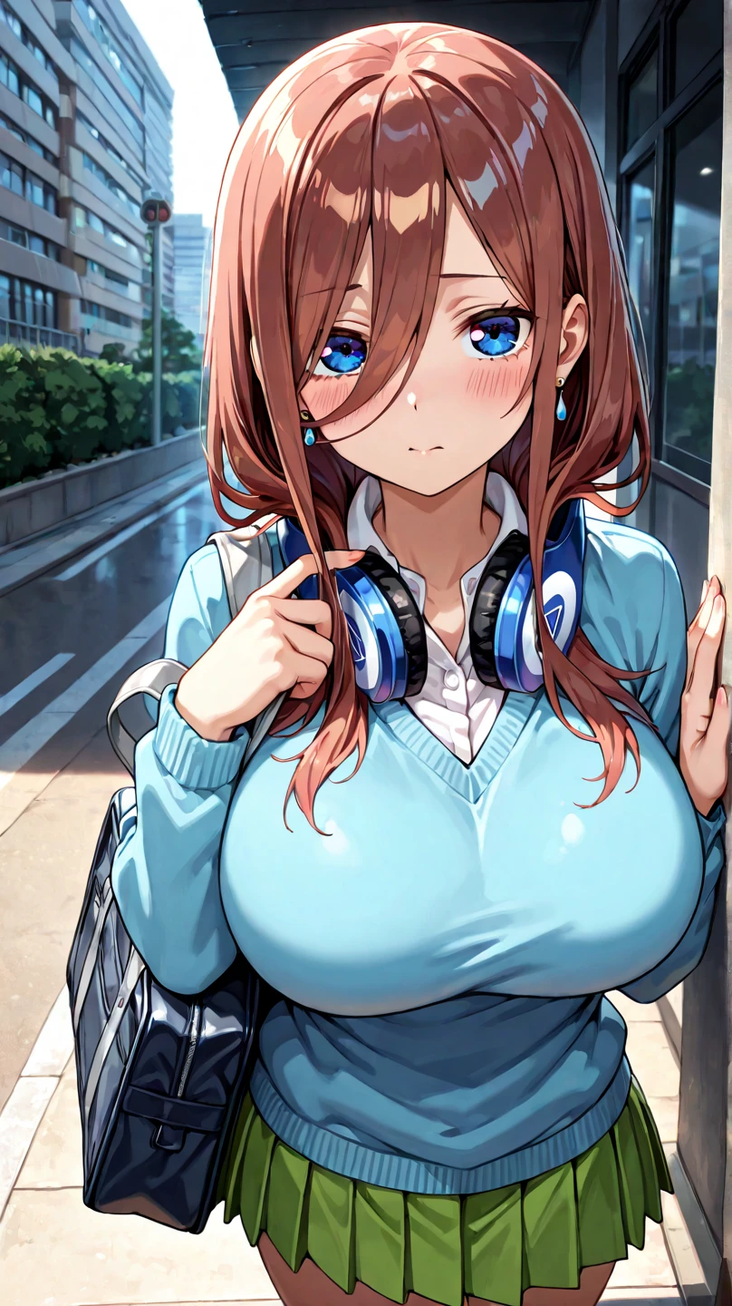 <lora:lcm_lora_sd15:1>,
(masterpiece,best quality,8k,beautiful and aesthetic:1.2),
solid-best-physical-appearance-perfect::2,
cosplay,(HUGE BREASTS:1.3),wind,(floating hair:1.2),PERFECTEYES EYES,narrow_waist,slender,skinny,(dynamic_angle),(sexy posture),
full-face blush,blush,embarrassed,smile,open mouth,
<lora:quintuplets:0.8>,
NAKANO MIKU,(BROWN HAIR),HAIR BETWEEN EYES,long hair,
(headphones around the neck),
(coat:1.1),long sleeves,(blue cardigan),sweater,sweater dress,
<lora:black pantyhose:0.5>,
black pantyhose/thighhighs,
(bare hands:1.3),(head_tilt),standing,(arm_at_side:0.5),(arm_behind_back:1.4),cowboy_shot,
<lora:add_detail:-0.5>,
<lora:locon_perfecteyes_v1_from_v1_64_32:0.6>,
<lora:S-shape body:-0.5>,
<lora:Background_Detail_v3:1>,