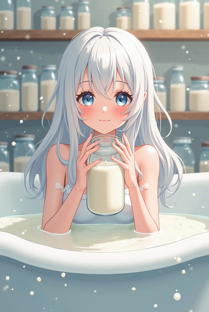 whole body,a woman，Wearing a milk swimsuit，Lying in a bowl of milk，body in milk，Only the head and legs are exposed