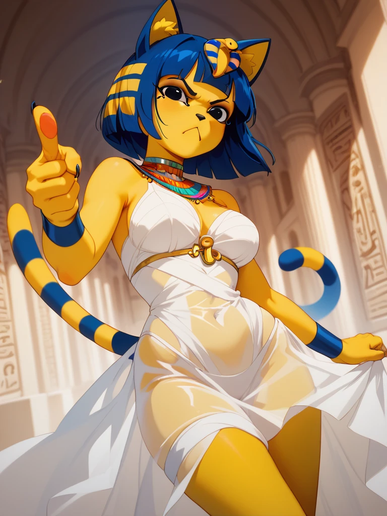 (tall ankha:1.2), MILF, perfect hourglass body, body fur, yellow fluffy fur, (energetic dancing:1.3), beautiful black eyes, happy face, detailed blue short hair, hair ornament,
gothic ballroom, ornate furniture, dark curtains, cute cat paintings, ornament, wooden floor,
 bandages, loincloth,  tail, navel, midriff, breasts,
(pov's hand:1.3), (interlocked hand:1.3),  (holding hand with pov:1.3),
(masterpiece:1.2), (best quality:1.2), (intricate:1.2), (higly detailed:1.2), (sharp:1.2),
cinematic light, vivid colors <lora:ARWBedroomGothic:1> <lora:Ankha_v2_RETRAIN:1>
