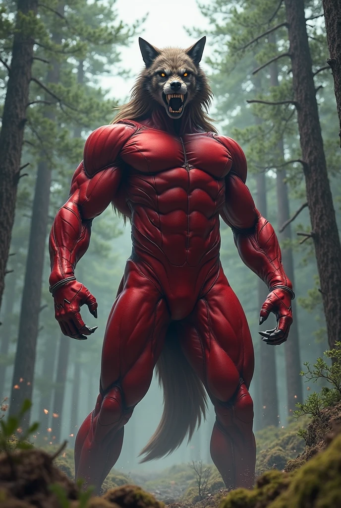 Solo, Anthro, Furry, Male, Red and Black Dragon, Full body, Very Muscular, Bara, Big, Buff, Very Big, Very Tall, Giant Sized, Long Red Hair, Looking at viewer, Wearing Black Shorts, Detailed clothes, Detailed Face, Forest Background,(masterpiece, high quality,hi-res,8k had), High Resolution, High Detail)