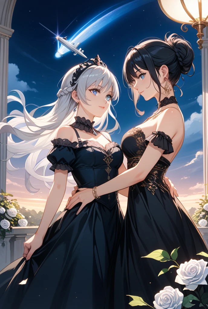 (((yuri))), (((2 girls))), ((evening dress, strapless)), absurdres, RAW photo, extremely delicate and beautiful, masterpiece, Best Quality, ultra high resolution, 32k, hyperrealistic, ultra-detailed, detailed description, perfect anatomy, pale skin, 20 years old, detailed beautiful face and eyes, tearful mole, earring, short medium hair, wavy hair, random colored hair, whole body shot, colossal tits,