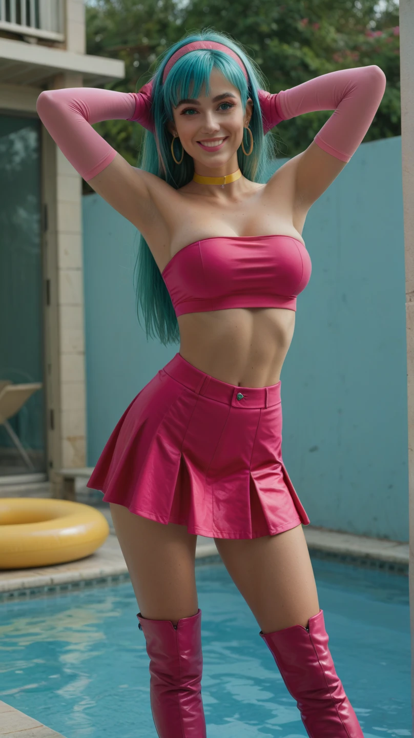 (masterpiece, best quality:1.2), 1girl, solo, standing split, pink hair, green eyes, mini skirt, tube top, in a tiny elevator