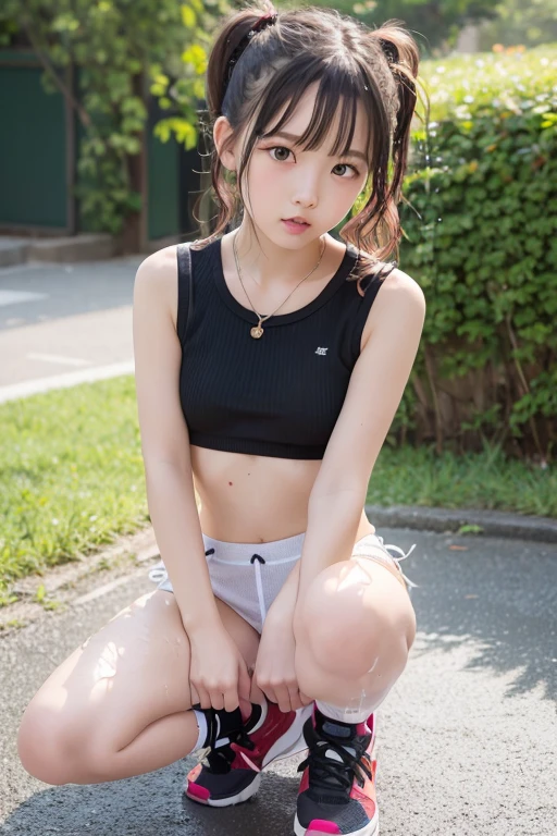 (Hyperreal), (Illustration), (High Resolution), (8k), (High Detail), (Best Illustration), Being in the Park, (on all fours), Plump breasts, Facing forward, Plump ass, Whip whip, (Plump) Plump Body, Wearing Bloomers, Cross-Eyed, Yoga Pose, Topless, Ecstatic Look, Sensuality, Wearing Big Torn Hot Pants, Thongs, Small Underwear, protruding from underwear, (eyes with beautiful details), (best quality), (super detail), plump body,, (detailed face), solo, (dynamic pose), wearing a suit, facing front, light underwear, wet and sheer underwear, thin underwear, small underwear, underwear visible, wearing a skirt, large areola, small underwear, protruding buttocks, pubic hair sticking out, one leg raised, 30 years old, Very troubled face, Mouth wide open, long eyelashes, Very big ass, Long legs, Huge, Bumps in the nipple area, Rubbing breasts, Black hair, Squatting, Open legs, Very thin underwear, legs spread from side to side, underwear shifted,