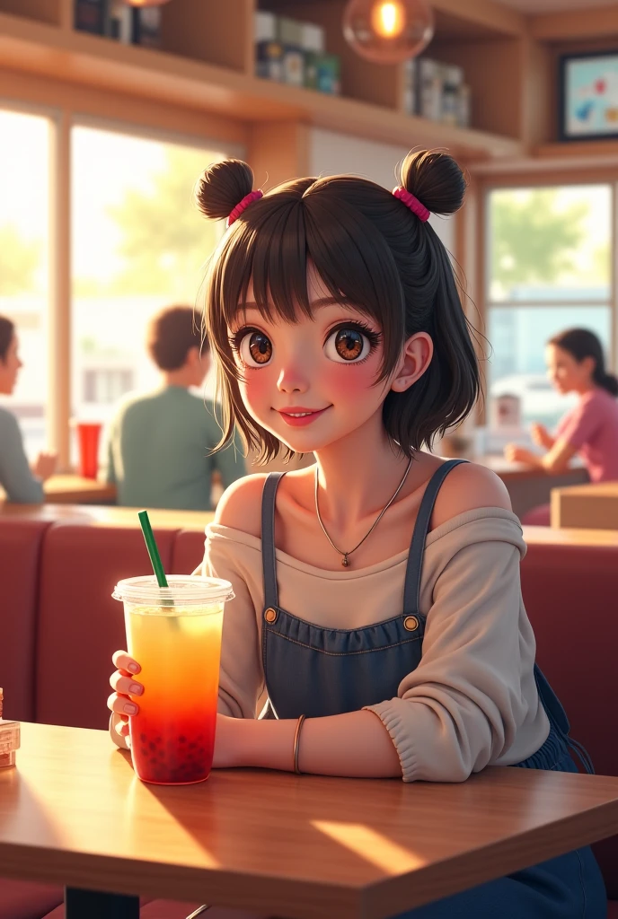 solo, young woman, retro 1950s dress, diner, drinking milkshake, closed mouth, smile, pov, romantic date