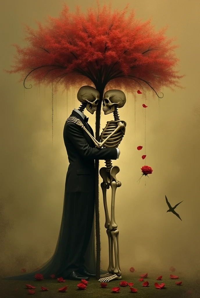 A male skeleton is holding a bouquet of flower and proposing a female skeleton sitting on the knee in front of the Eiffel Tower, hyper realistic and original looking. Change the female's dress colour to orange and make her standing. Change the male's dress colour to white.