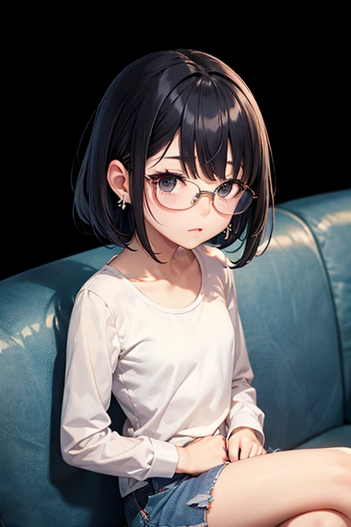 1 girl, gray eyes, gray with a brown tinge of hair, short hair with bangs, 3DMM, wears round glasses, wears a gray-brown long-sleeved sweatshirt with craters, looks at the viewer, is very embarrassed, blush, sweat on her face, against the background of the cosmic sky, next to the sun, beautiful, detailed, delicate tones