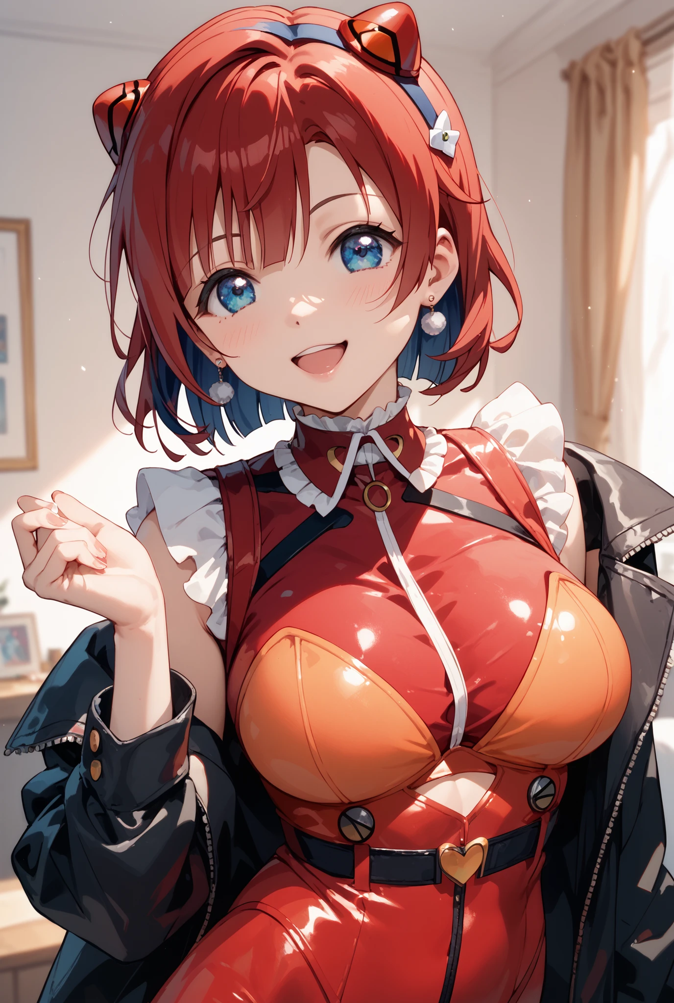 A woman with average height, with a curvy build; curly red hair; blue eyes; freckled face; soft breasts; clearly in love; wearing sexy outfit; soft blur background, clear complexion