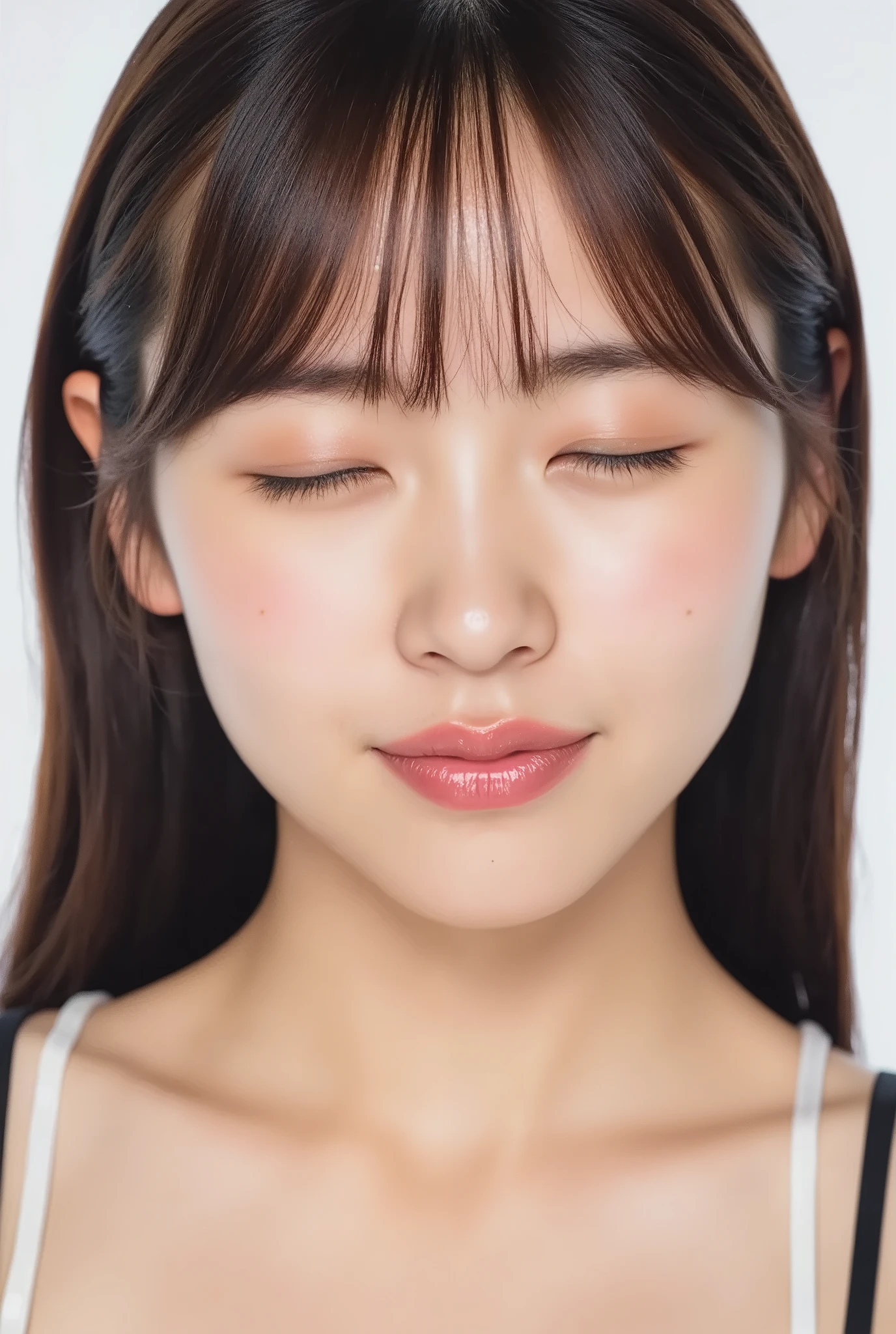 ultra-detailed close-up of a beautiful girl, collarbone-up composition, white studio background, soft natural lighting, slightly elevated camera angle (around 35 degrees), full face and head visible in frame, chin slightly raised, eyes gently closed, deeply affectionate smile, cheeks and ears flushed, dreamy, blissful, euphoric expression, mouth puckered and protruding with a rounded kiss shape, glossy moist lips with shimmering highlights, soft lips reflecting light, extreme focus on lips, inviting kiss pose, longing expression, desperate affection, dere-dere mood, hands behind her back and not visible, natural skin texture with visible peach fuzz, matte facial skin, black camisole strap visible, soft head tilt, bokeh background and soft facial contour blur to emphasize lips, overflowing with affection and dazed joy