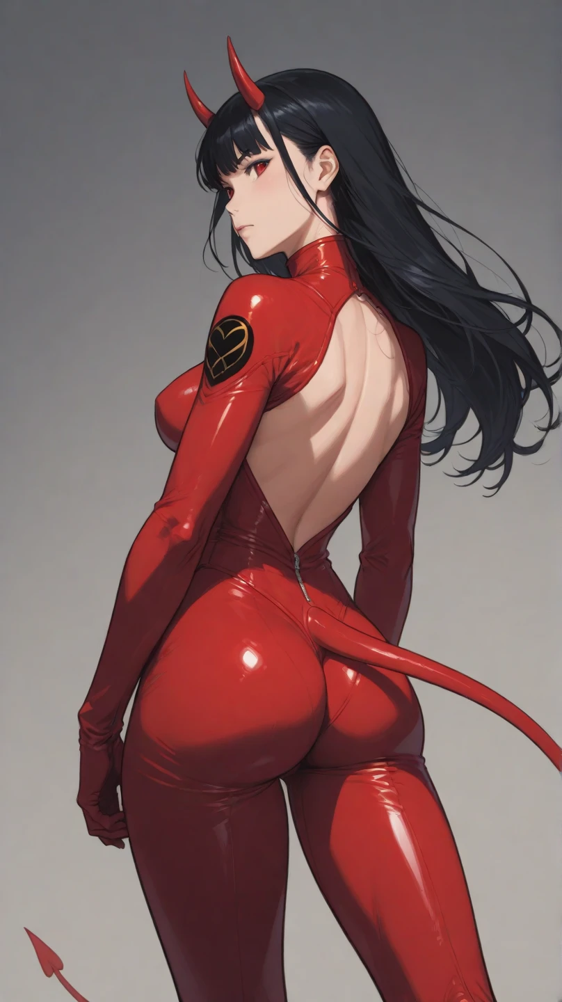 (full body),masterpiece, highest quality, One girl, Violet Par,  Long Hair, Black Hair,  Hair on one eye,  (Red hero suit)，Red bodysuit，black elbow gloves，Black Thigh Boots，Thick thighs，Place one hand on hip，Squat，Spread your legs，Dynamic Angle, (From behind,Bent over, Looking Back),Looking down，From below，Low - Angle，Face to endure humiliation, Simple Background 