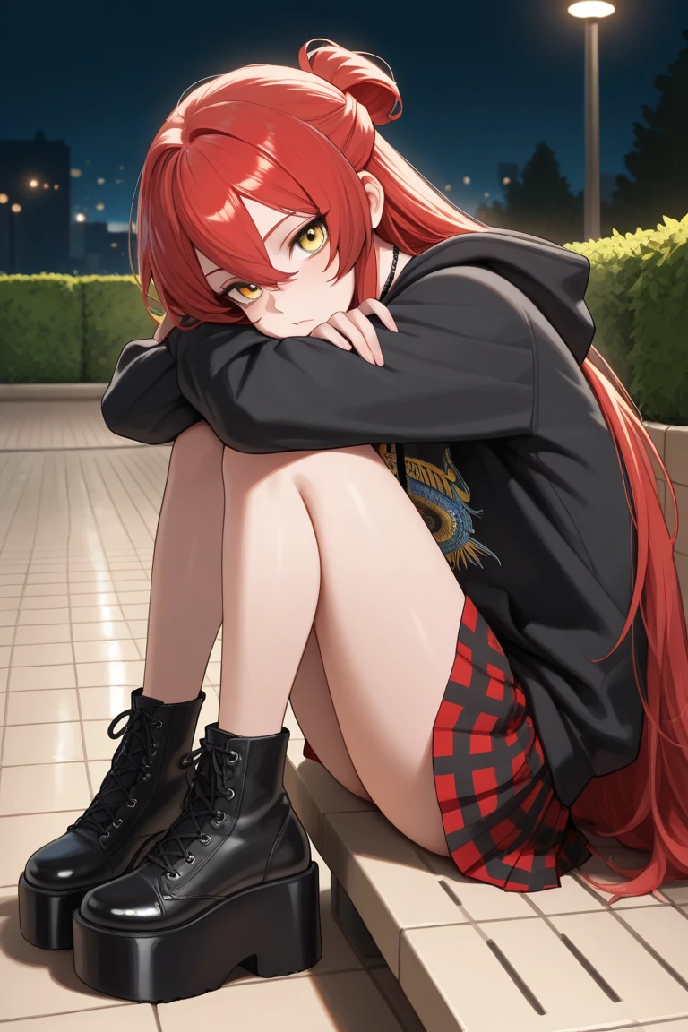 masutepiece, Best Quality, absurderes, Perfect Anatomy, 1girl in, Solo, Yoko Katori, Long hair, Knitted Outerwear、((a miniskirt)),  ((pantyhose))、((long boots))、((Photo from below))、((Show panties))、((Opening legs))、((crouching down))、((pissing))