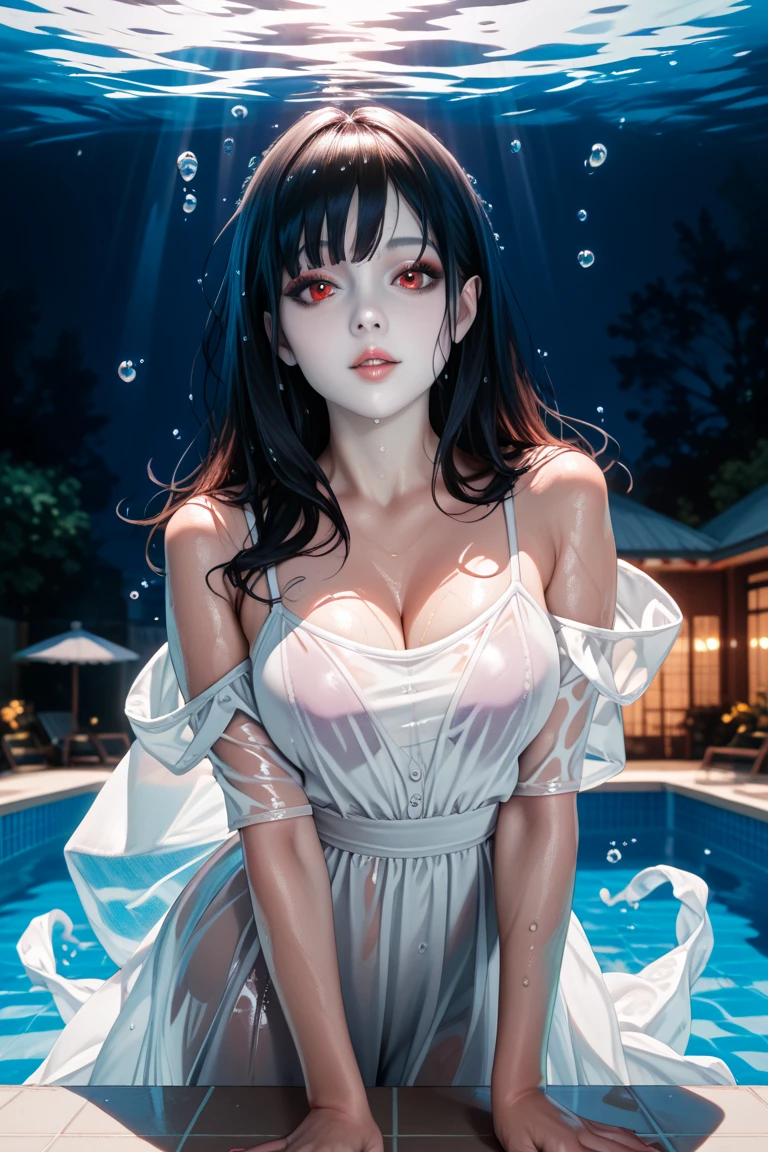 a picture of a female vampire in an infinity pool of blood watching the city at night, (Masterpiece, intense details: 1.5 ), exquisite, dreadful beautiful vampire, long black hair, intense green eyes, evil smile, fangs, busty sitting near a large infinity pool of dark ((red blood: 1.2)) there are  stone steps leading to the pool, lit by candles, elegant pool rim, (falls of blood fill the pool: 1.3), there is a crystal glass of wine near the vampire, she is wearing glamour black bathing suit, high detail, Conceptual art, Realism, cinematic lighting, moon light, reflection light, from side, panorama, ((anatomically correct:1.5))Ultra-Wide Angle, Wide-Angle, award winning, best quality, high quality, high details, highres, vibrant, Ultra-high resolution, High Contrast, (masterpiece:1.5), highest quality, Best aesthetics), best details, best quality, highres, ultra wide angle, 16k, [ultra detailed], masterpiece, best quality, (extremely detailed), Blood_Covered, vampire teeth, Dark Art Painting Style, chumbasket art style