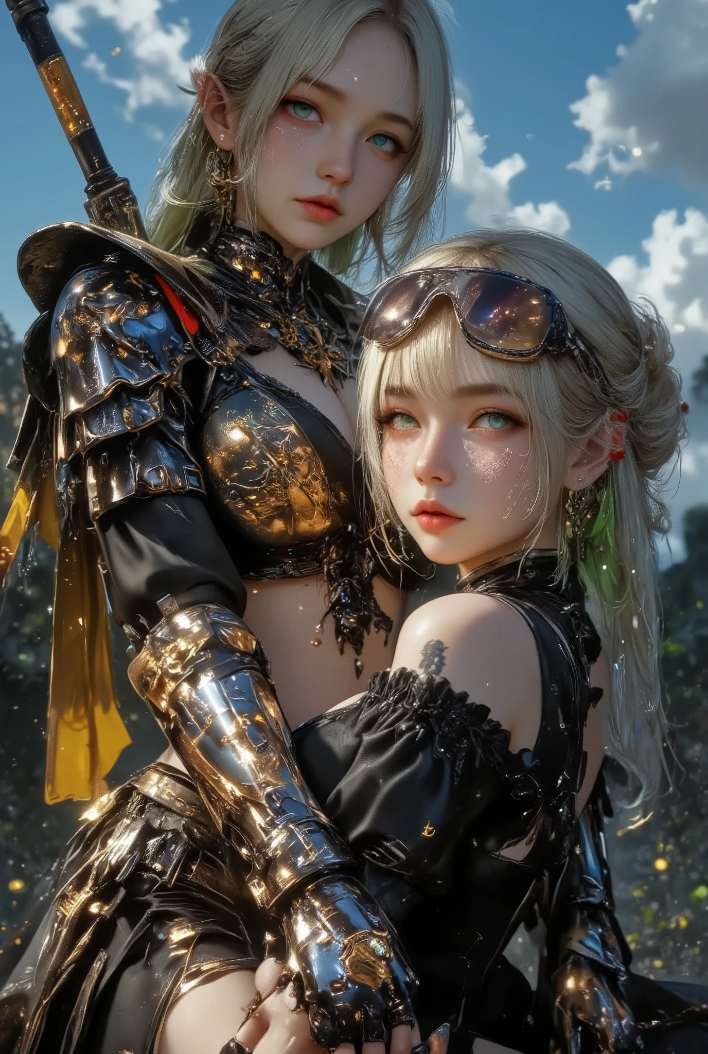 Beautiful exquisite 23 years old blonde girl with green highlighted hairstyle, Caucasian ethnicity, white skin with pinkish pigmentation, perfect medium size perfect breast, ,exposed alluring toned but delicate physique, themed magic ,low light,highly detailed, cinematic shot, illustration, 8k,masterpiece ,ultra-HD, cloud-speckled sky, at night,in unimaginable beautiful monarch themed seducive clothes, 2 persons, she is standing with (female elf soldier which has a cool futuristic detailed armor and a glass see-through faceglass and she has a beautiful round face,1:2),Tattoo of WT7 on both girls