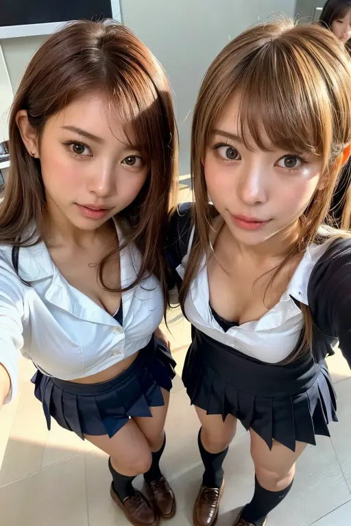8K, RAW portrait of ,masterpiece、Photorealsitic:1.photos realistic, 超A high resolution, Best Quality, Real life photography ,( At night :1.1),
(2 girls:1.3), (((Two girls showing off their nipples in the bedroom late at night:1.3)))、(kawaii faces:1.4)、Two very cute Japanese girls,((Japanese high school girl))、((Realistic Schoolgirl))、((School uniform、Cardigan、Plaid pleated skirt、a bow tie))、 Long hair,,Slender body,、inside in room、((small tits:1.3))、((tiny chest:1.3))、
((large beautiful detailed eyes))、eyeshadows、 ((dark-brown eyes:1.5))、(Authentic skin texture:1.3)、(Immersive atmosphere:1.05、Chiaroscuro:1.3) 、(looking at viewert)、Looking at the camera、Look at viewers、((embarrassed from:1.5))、(A smile:0.85)、((Reddened cheeks:1.3))、((Ceiling from below:1.2))、(Body facing the camera:1.5)、(Open Shirt:1.1)、((Nipples sticking out of shirt,,))、((Show bust top))、((Close-up on bust:1.3))、(((small tits:1.3)))、(((tiny chest:1.3)))