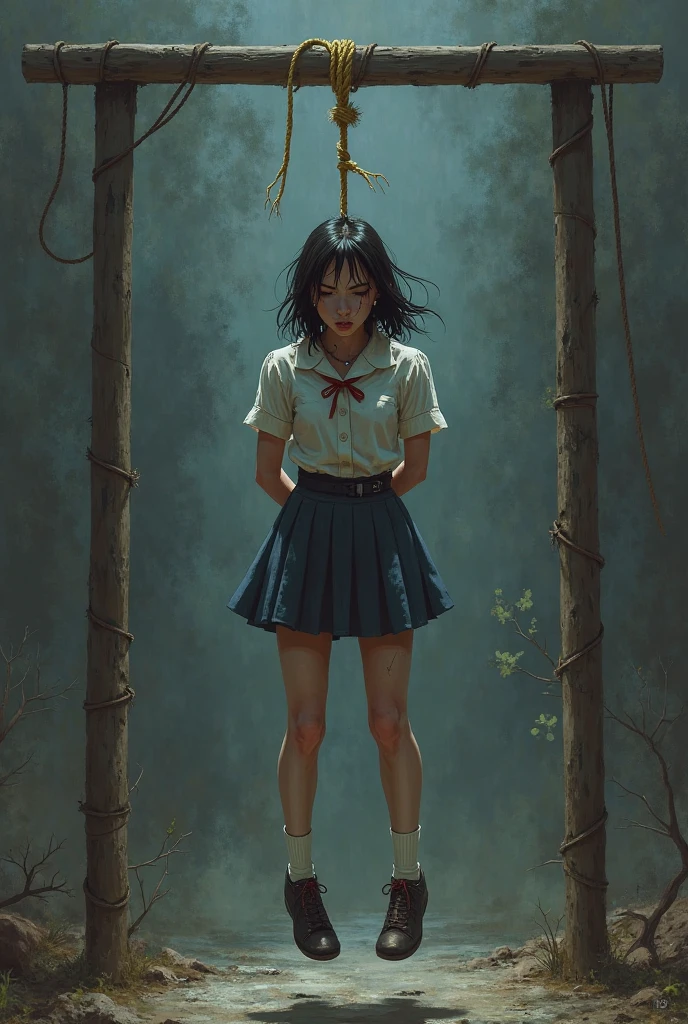 A girl with long dark hair tied to an inverted cross, with hands and legs tied with thick ropes. The girl, dressed in a dark school uniform with inverted religious symbols on her clothes, He has blood marks on his arms and face, with an expression of ecstasy or suffering looking towards the sky. Around it, There is dense vegetation and light poles with electric cables, giving a contrast between nature and the urban environment. Violet and pink flowers add a dramatic and sinister touch to the scene., while the bright lighting and white background highlight the cruelty and dark symbolism of the situation. The style is detailed and graphic., with a strong emotional and visual charge of sacrifice and desperation