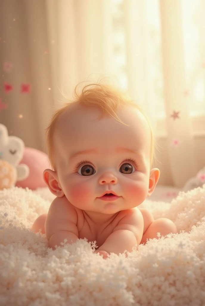 on a light background, Funny Newborn Baby , rosy-cheeked, Very fat, The eyes are blue, smiles and looks at the viewer, in a white basket, whitish on the sides , transparent lace, frill, next to a white lotus flower, covered with a transparent veil, a transparent pink on the side of the head , 8 K (masterpiece), ((top quality)), (super detailed), arms and legs folded funny, evokes a smile and laughter,