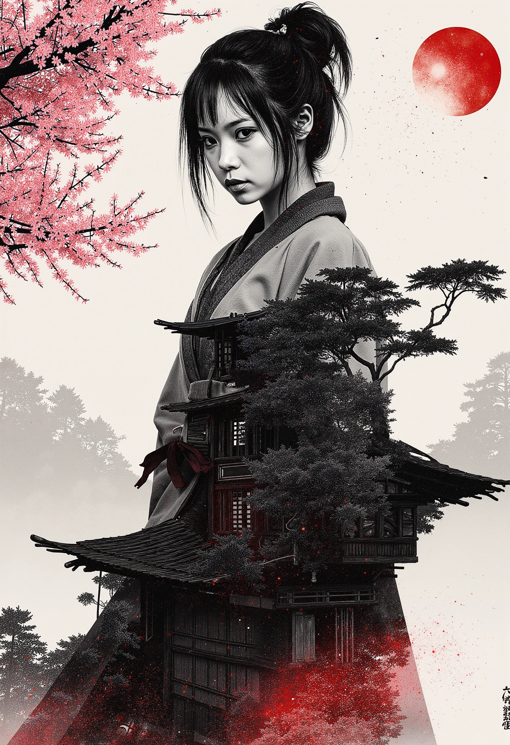 Kohlezeichnung , Bleistiftzeichnung , Strichzeichnung , Graphitzeichnung , tinted paper , Kunstwerk , zweifarbig , Farbspritzer , Samirai girl , rosa Sakura \(Blumen\) , rotes Blut , japanische Tusche , Spritzen , komplexe Details , Volumetric lighting , kinematographisch , detailliert , realistisch . art by Antonio Mora , André Cohn , Arthur Bordalo , Robert Ringwood , Bento Ban ,