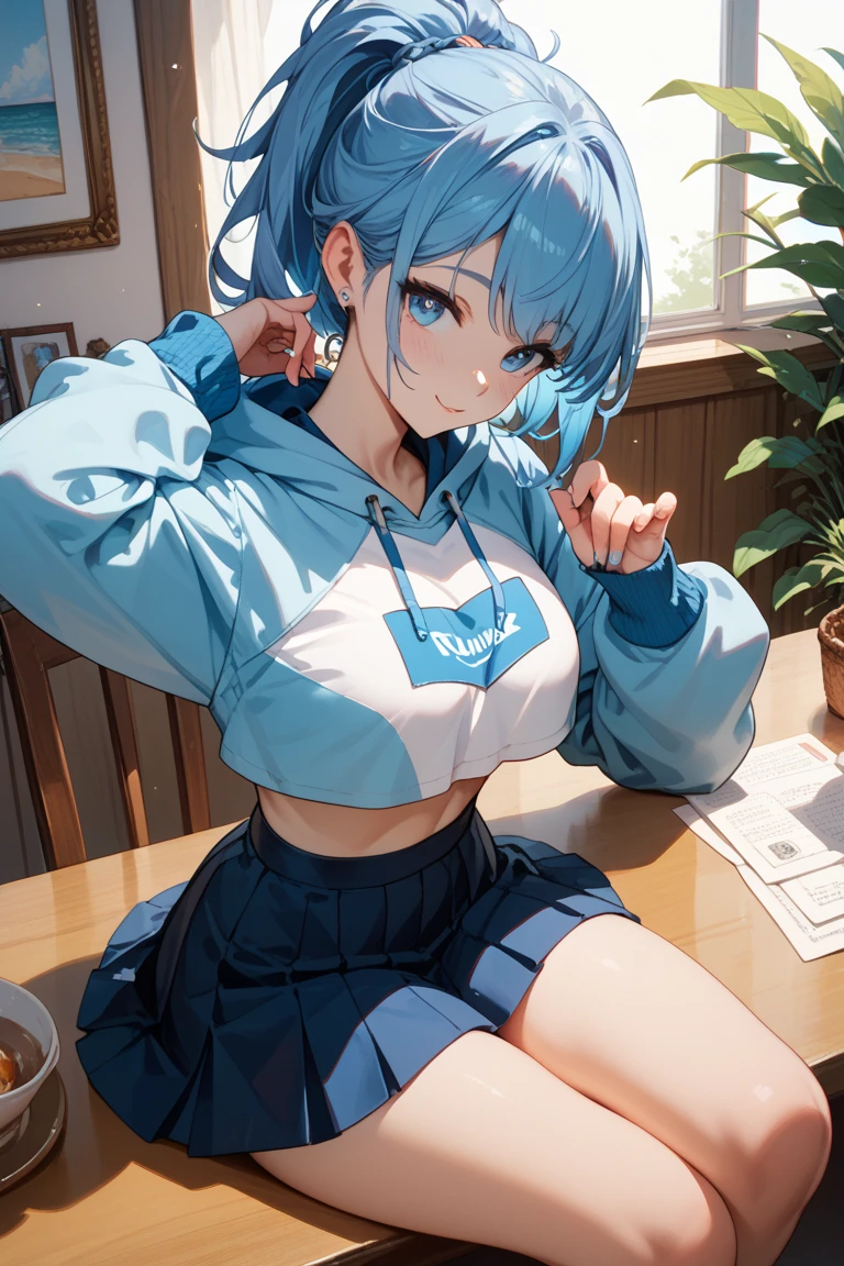 1 Girl, Cute Girl, 18 year old Girl, (Side Ponytail: 1.8, huge Breasts, Two Breasts, Light Blue Hair, Ahoge, Pastel Colored Hair, Long Hair, Wavy Hair, Curly Hair, Beautiful Detailed Eyes, Yellow Eyes, Mascara), (((White hoodie, White sweatshirt, Black pleated skirt, Black skirt, Black boots))), (Dynamic Angle, Happy, Smile, Teeth, Extremely Detailed Body, Extremely Detailed Face, Extremely Detailed Hands, Extremely Detailed Fingers, Extremely Detailed Legs), (Living room, on the couch), (Masterpiece, Extremely High Quality, Clean Line Drawing, Perfect Lighting, Extremely Definition, Extremely Detailed, Extremely Quality, High Contrast)