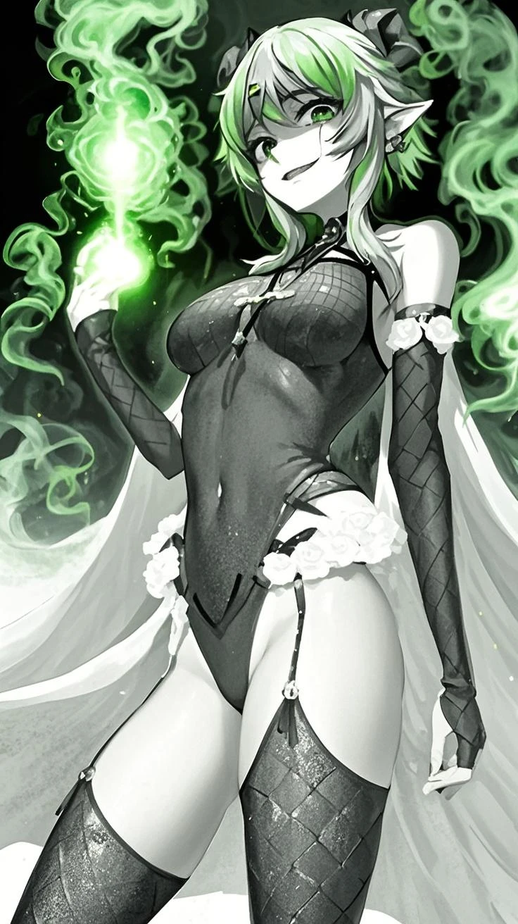 Crazy zombie Woman, long gray hair, Green glowing eyes, Dead Gray skin, Blood dripping from skin, sharp teeth, crazy eyes wide open, sinister smile, mouth wide open, Full body naked, Vagina exposed, Nipple exposed.